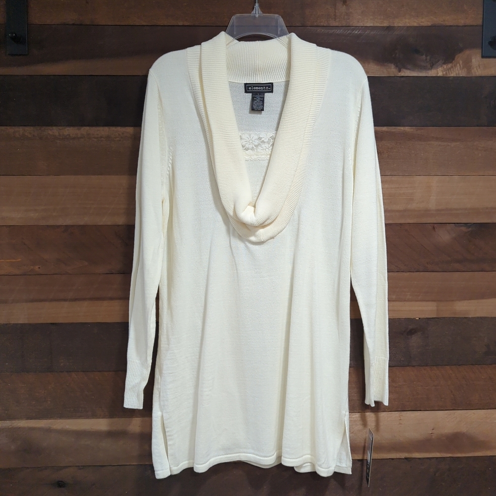 NWT Elementz Ivory Cream Cowl Neck Long Sweater - Women's Size Large Lace Cozy